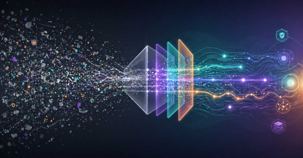 Abstract illustration showing scattered testing data being refined into structured insights, representing QA metrics and KPIs for measuring software quality.