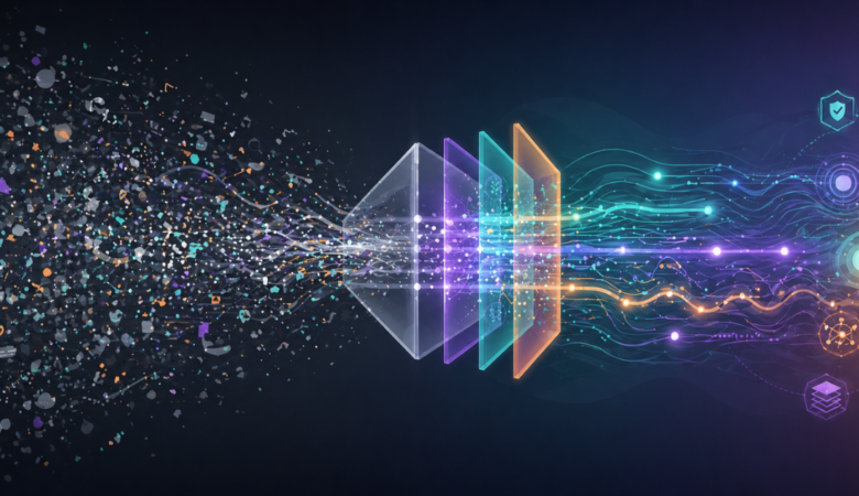Abstract illustration showing scattered testing data being refined into structured insights, representing QA metrics and KPIs for measuring software quality.