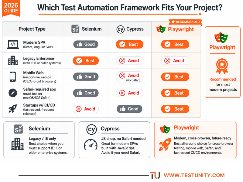 Project‑type recommendation matrix: Playwright is best for modern SPAs, mobile web, Safari‑required apps, and startups with CI/CD; Selenium is only recommended for legacy enterprise (IE support); Cypress is best for modern SPAs (JS shop) and good for startups, but avoid for Safari or mobile web. Orange ‘Best’ badges and a Playwright ‘recommended’ ribbon highlight the top choices.