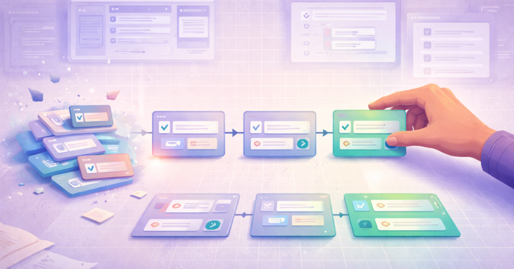 Illustration of structured test case creation showing modular steps and inputs being organized into a clear and logical testing sequence.