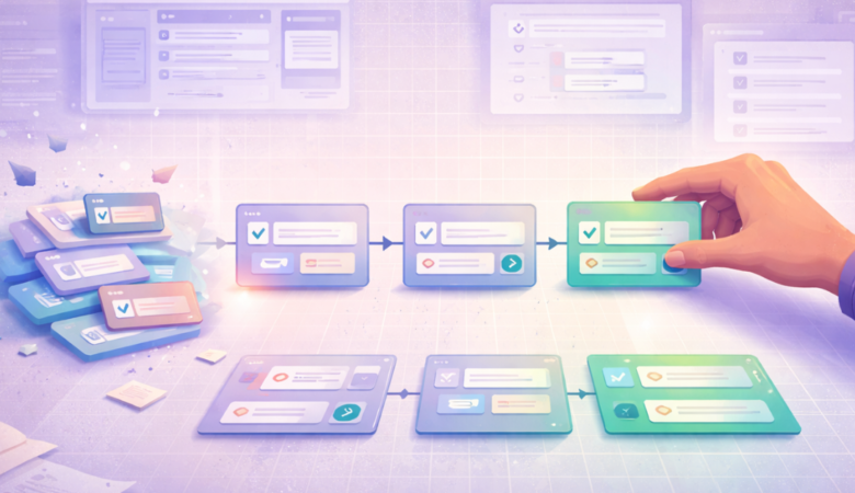 Illustration of structured test case creation showing modular steps and inputs being organized into a clear and logical testing sequence.