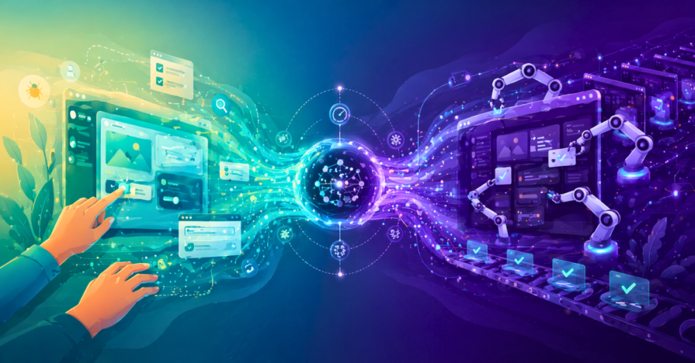 Conceptual illustration showing a software testing environment transitioning between manual human interaction and automated testing processes based on context.