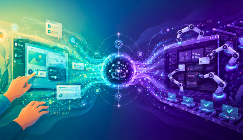 Conceptual illustration showing a software testing environment transitioning between manual human interaction and automated testing processes based on context.