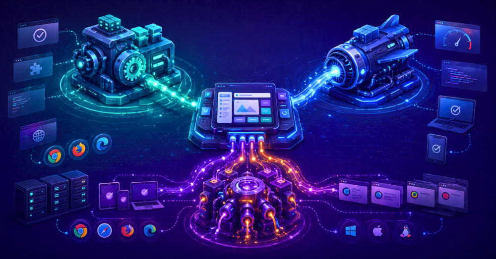 Conceptual illustration showing three different automation framework styles as unique engines powering a central application, representing the choice between Selenium, Cypress, and Playwright.