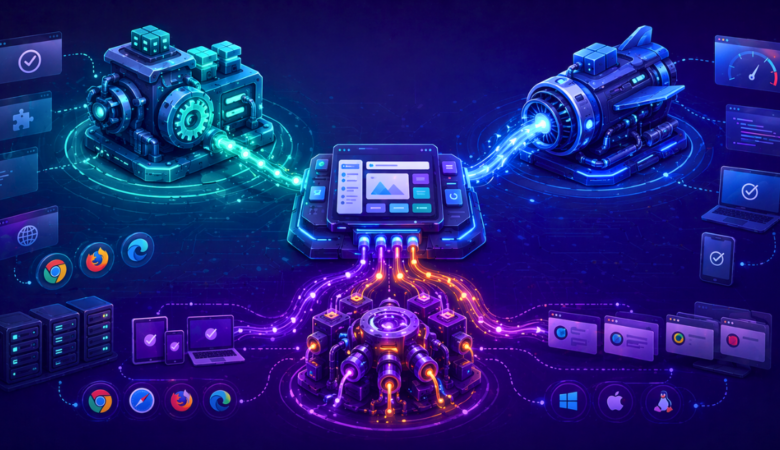 Conceptual illustration showing three different automation framework styles as unique engines powering a central application, representing the choice between Selenium, Cypress, and Playwright.