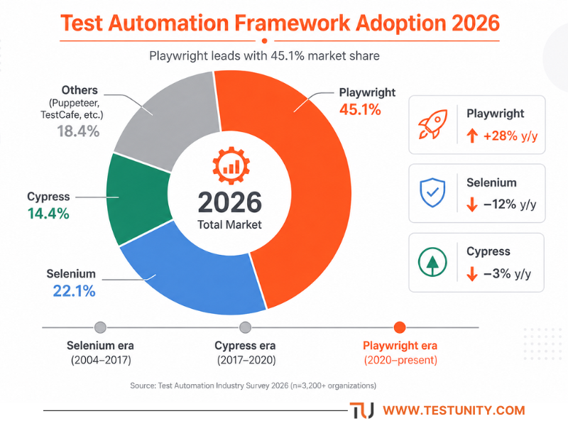 Donut chart of 2026 test‑automation framework adoption: Playwright 45.1%, Selenium 22.1%, Cypress 14.4%, others 18.4%. Playwright grew 28% year over year while Selenium declined 12% and Cypress declined 3%. Timeline shows evolution from Selenium era (2004–2017) to Cypress era (2017–2020) to Playwright era (2020–present).
