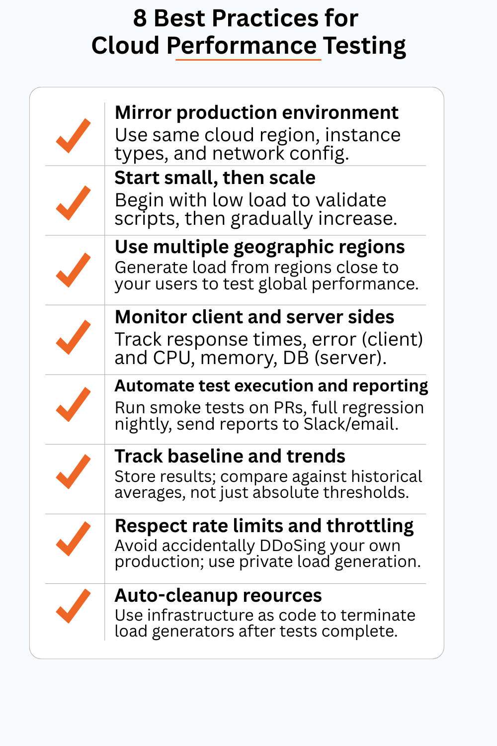 Eight best practices for cloud performance testing: mirror production, start small then scale, use multiple regions, monitor client and server, automate execution, track baselines, respect rate limits, auto‑cleanup resources.