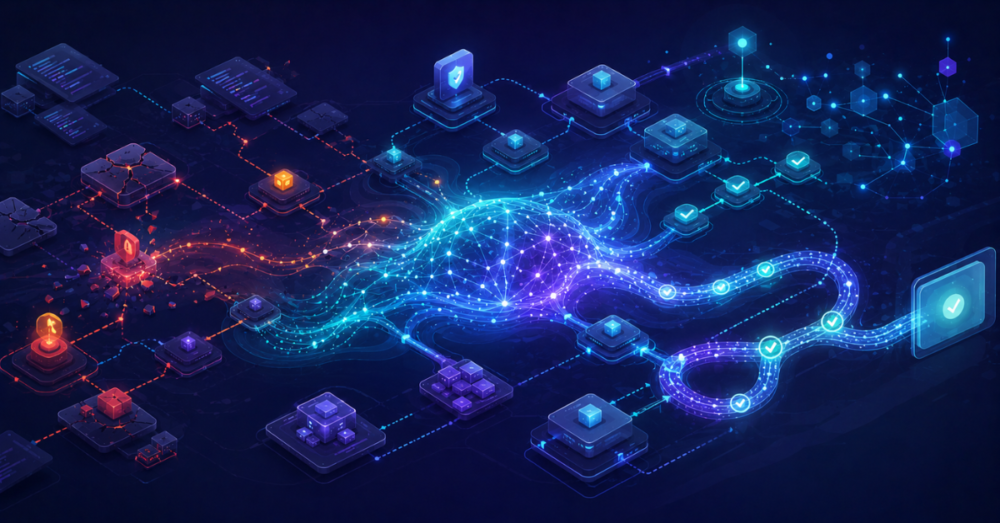 Futuristic illustration showing an adaptive AI intelligence layer optimizing and transforming software testing workflows through machine learning.