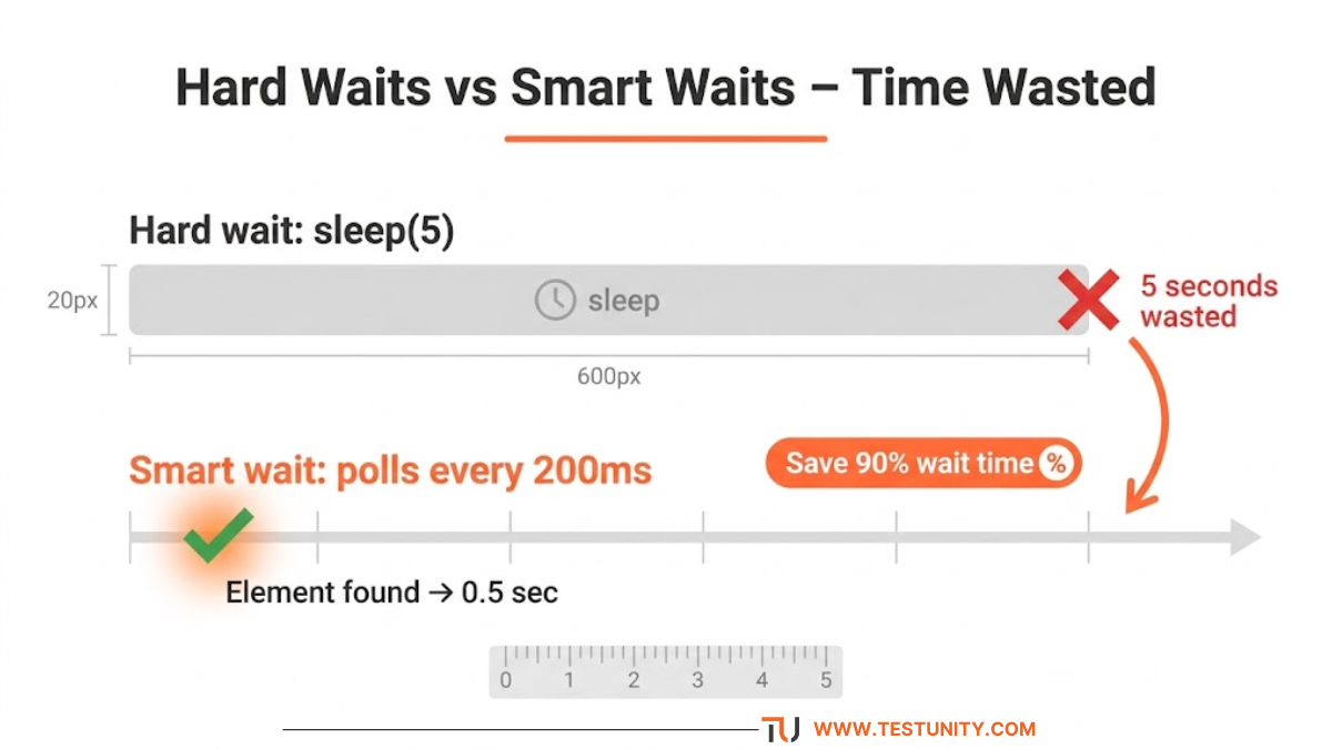 Before/after timeline: Hard wait (sleep(5)) – 5 second block with red X. Smart wait (polls every 200ms) – element found after 0.5 seconds with green check. Orange arrow points from hard to smart. Orange badge: ‘Save 90% wait time’.
