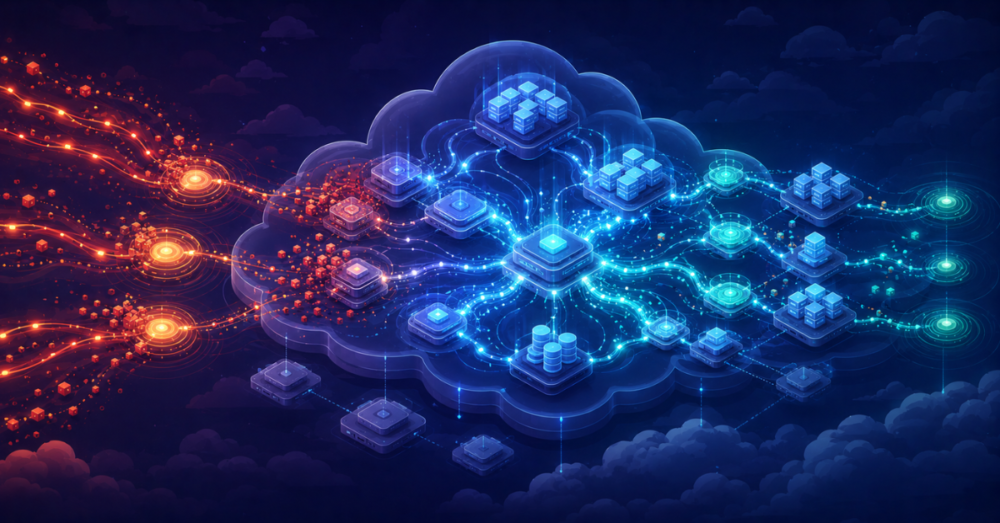 Conceptual illustration of cloud performance testing showing elastic cloud infrastructure dynamically scaling and balancing under heavy load conditions.