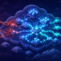 Conceptual illustration of cloud performance testing showing elastic cloud infrastructure dynamically scaling and balancing under heavy load conditions.