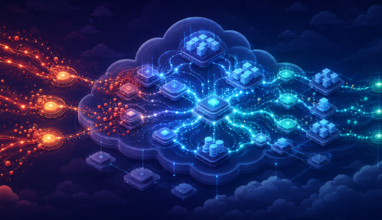 Conceptual illustration of cloud performance testing showing elastic cloud infrastructure dynamically scaling and balancing under heavy load conditions.