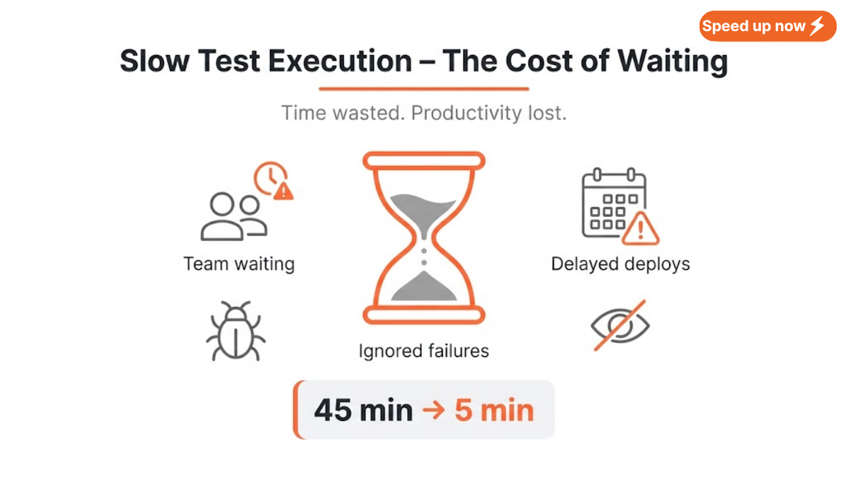 Infographic: Slow test execution consequences. Central orange‑outlined hourglass with sand draining. Three consequence icons: Team waiting (people + clock, orange clock hand), Delayed deploys (calendar + warning, orange exclamation), Ignored failures (test result + crossed eye, orange X). Callout ‘45 min → 5 min’ with orange arrow and orange ‘5 min’. Orange badge ‘Speed up now’.
