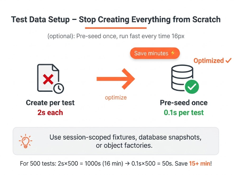 Workflow comparison: 'Create per test' (red X, 2 seconds each) → orange arrow → 'Pre‑seed once' (green check, 0.1 seconds per test). Orange badge 'Save minutes' and 'Optimized' label. Tip box: 'Use session‑scoped fixtures, database snapshots, or object factories.' For 500 tests, saves over 15 minutes.