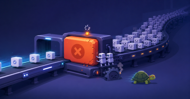 Minimal humorous illustration of one oversized stuck automated test blocking an entire testing pipeline and causing a traffic jam of queued test cases.