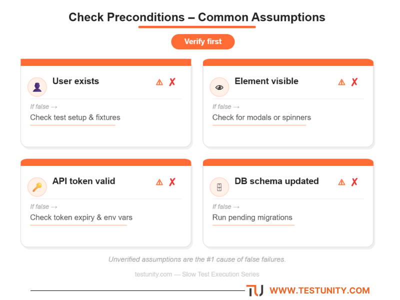 Four cards showing common test preconditions to verify: User exists (red X – check test setup), Element visible (red X – check modals), API token valid (red X – check token expiry), Database schema updated (red X – run migrations). Orange ‘Verify first’ badge.