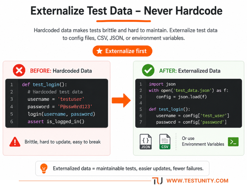 Before: hardcoded test data (red X). After: data externalized to JSON/CSV or environment variables (green check). Orange arrow points from bad to good.