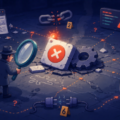 Humorous illustration of a QA investigator examining a failed software test surrounded by multiple possible causes and debugging clues.