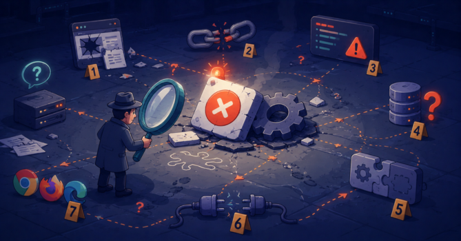 Humorous illustration of a QA investigator examining a failed software test surrounded by multiple possible causes and debugging clues.