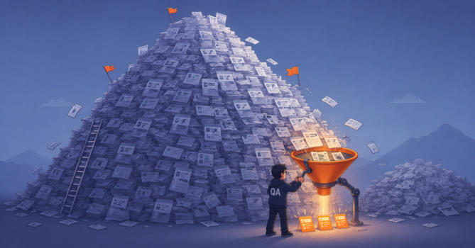 Humorous illustration of hundreds of test cases waiting in a queue while only a few high-priority test cases move through a fast-track selection process.