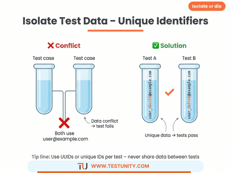 Diagram comparing shared vs isolated test data. Conflict: two tests share ‘user@example.com’ – red X. Solution: unique identifiers per test – Test A uses user_abc123@example.com, Test B uses user_def456@example.com (orange highlights). Orange badge ‘Isolate or die’.