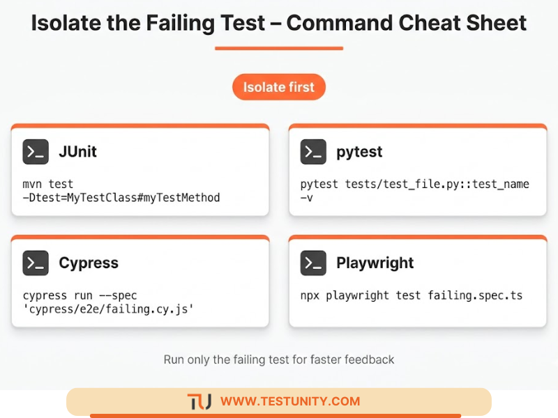 Commands to isolate a failing test: JUnit – mvn test -Dtest=MyTestClass#myTestMethod, pytest – pytest tests/test_file.py::test_name -v, Cypress – cypress run –spec, Playwright – npx playwright test failing.spec.ts.