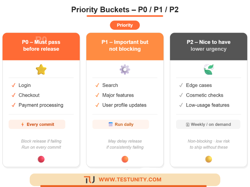 Three priority bucket cards. P0 – Must pass before release (login, checkout, payment) – run on every commit. P1 – Important but not blocking (search, major features, user profiles) – run daily. P2 – Nice to have (edge cases, cosmetic checks, low‑usage features) – run weekly. Orange headers for P0 and P1, orange ‘Priority’ badge.