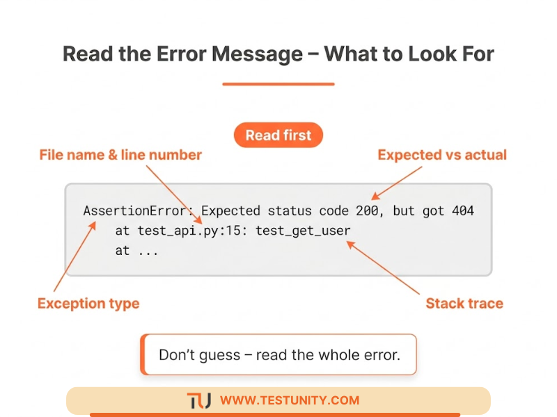 Anatomy of an error message: file and line number, expected vs actual values, stack trace, exception type. Read all parts to find root cause.