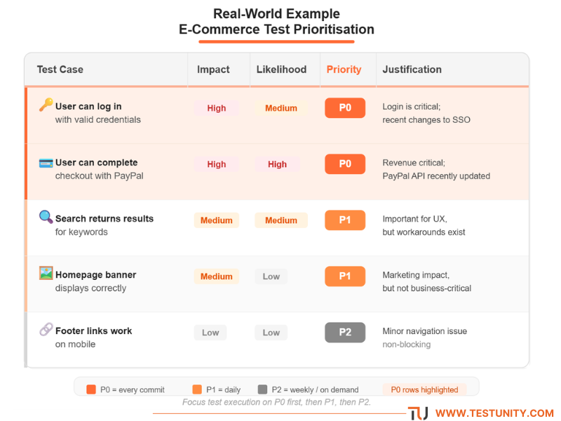 E‑commerce test prioritisation table. Row 1: Login – High impact, Medium likelihood → P0 – critical due to recent SSO changes. Row 2: Checkout with PayPal – High impact, High likelihood → P0 – revenue critical. Row 3: Search – Medium impact, Medium likelihood → P1 – important for UX. Row 4: Homepage banner – Medium impact, Low likelihood → P1 – marketing impact. Row 5: Footer links – Low impact, Low likelihood → P2 – minor issue. P0 rows have light orange background.