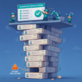 Humorous illustration of a software testing system built on unstable test data blocks, showing how poor test data can cause repeated test failures.