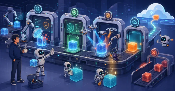 Premium flat-vector illustration of an automated DevSecOps software assembly line where AI-powered security and compliance robots continuously inspect application modules before secure cloud deployment.