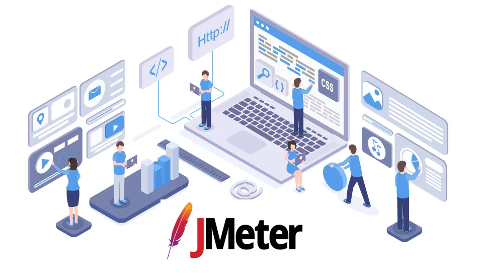 JMeter performance testing dashboard showing thread groups, samplers, listeners, and aggregate report.