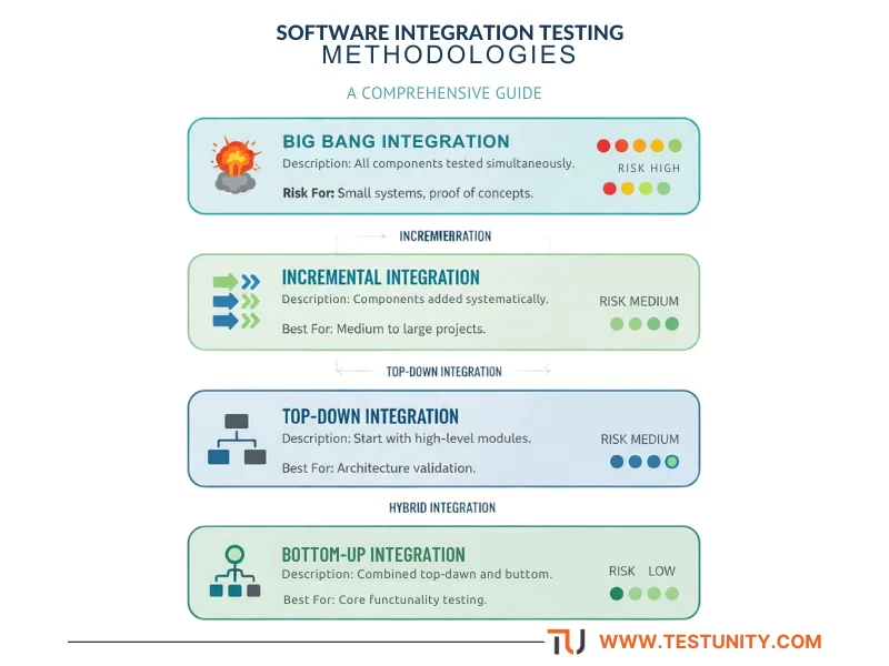 Comparison of integration testing methodologies showing Big Bang, Incremental, Top-Down, Bottom-Up and Hybrid approaches with risk levels and use cases