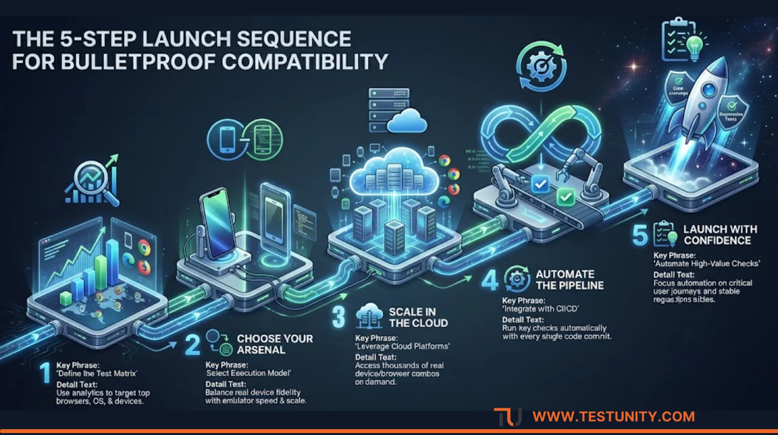 A 5-step strategic framework flowchart for compatibility testing: 1) Define Test Matrix, 2) Choose Execution Model, 3) Leverage Cloud Platforms, 4) Integrate with CI/CD, 5) Automate High-Value Checks