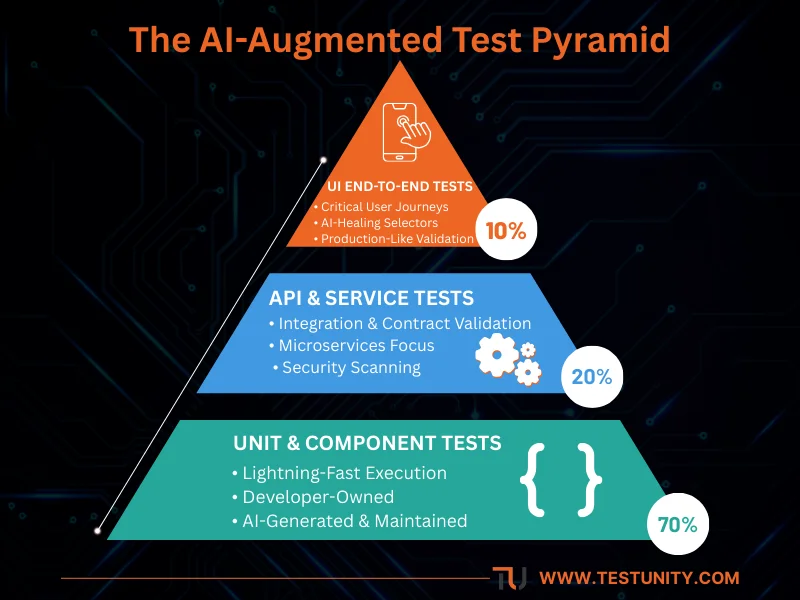 The modern test automation pyramid showing the ideal distribution of Unit, API, and UI tests, enhanced with AI capabilities.