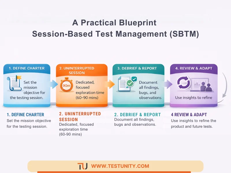 Flowchart illustrating the Session-Based Test Management (SBTM) process: Charter, Focused Session, Debriefing, and Review.