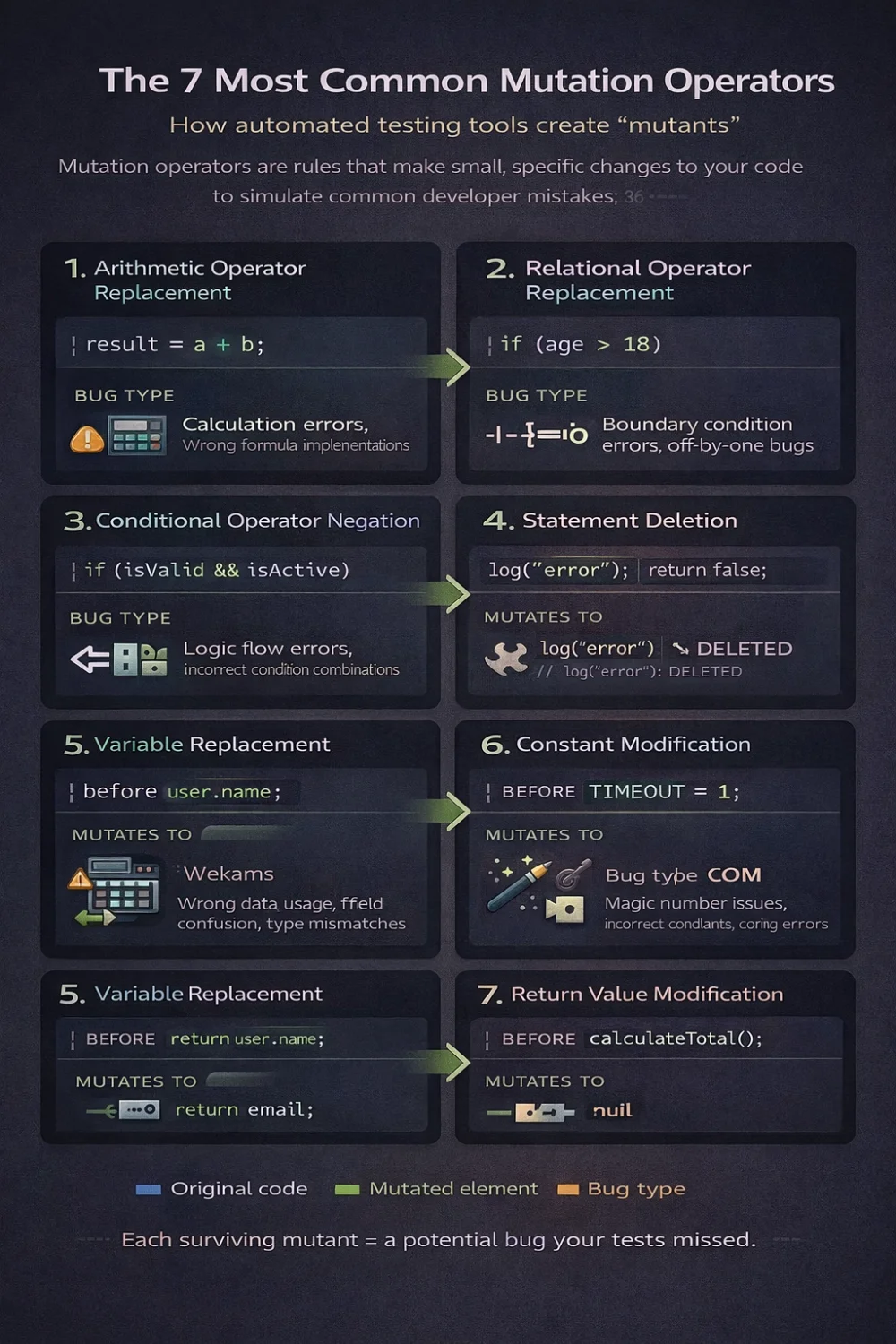 Infographic explaining the 7 most common mutation operators in software testing. It shows seven cards, each with a before-and-after code example demonstrating a specific code fault like Arithmetic Operator Replacement (changing + to -) and Relational Operator Replacement (changing > to >=).