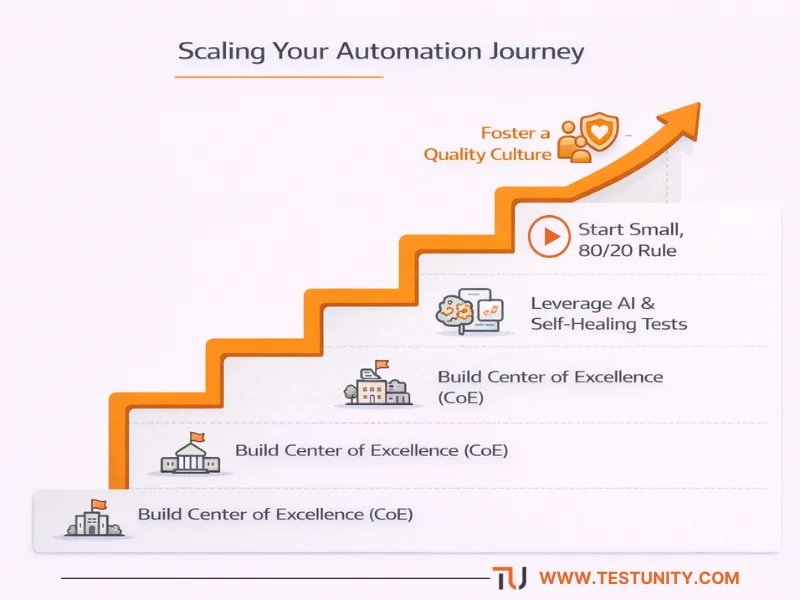 Staircase diagram showing four levels of scaling test automation: build Center of Excellence, implement shift-left testing, leverage AI and self-healing tests, and foster a quality culture.
