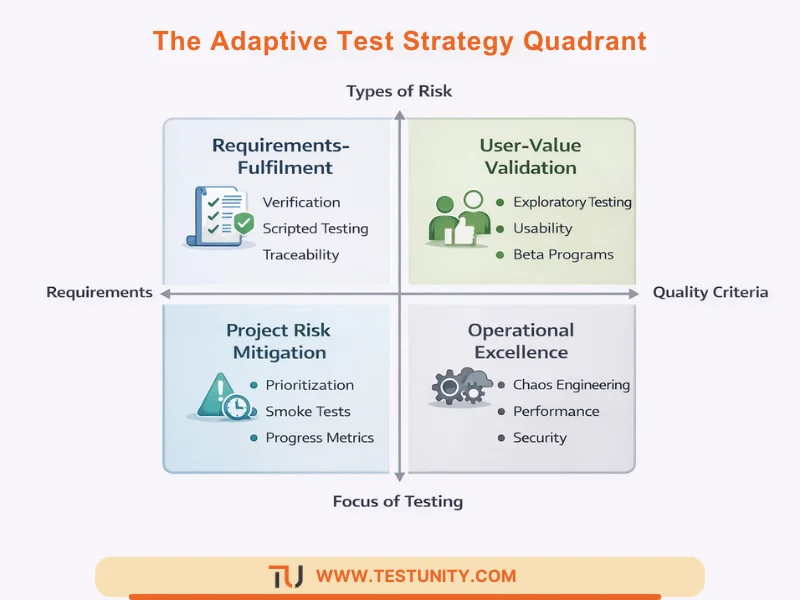 Four-quadrant model for adaptive test strategy: Requirements-Fulfillment, User-Value Validation, Project Risk Mitigation, and Operational Excellence, mapped against Product/Project Risks and Requirements/Quality Criteria.