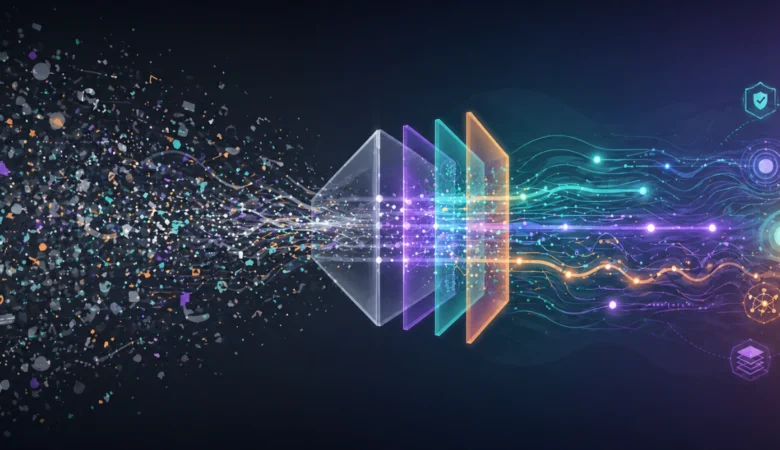 Abstract illustration showing scattered testing data being refined into structured insights, representing QA metrics and KPIs for measuring software quality.