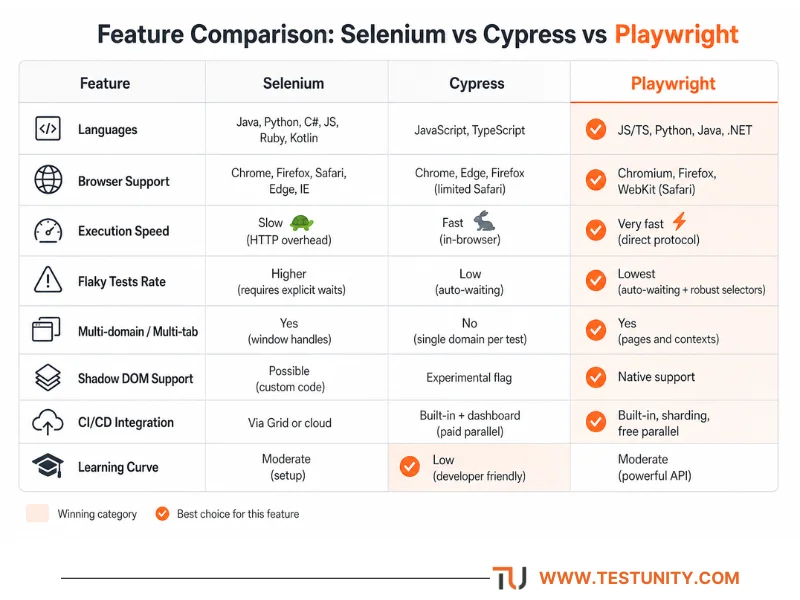 “Comparison matrix of Selenium, Cypress, and Playwright across 8 attributes: languages, browser support, execution speed, flaky tests rate, multi‑domain support, shadow DOM support, CI/CD integration, and learning curve. Playwright is the winner in 7 categories, receiving orange checkmarks and light orange cell backgrounds. Cypress wins in learning curve. Selenium supports legacy IE but is slower and flakier.”