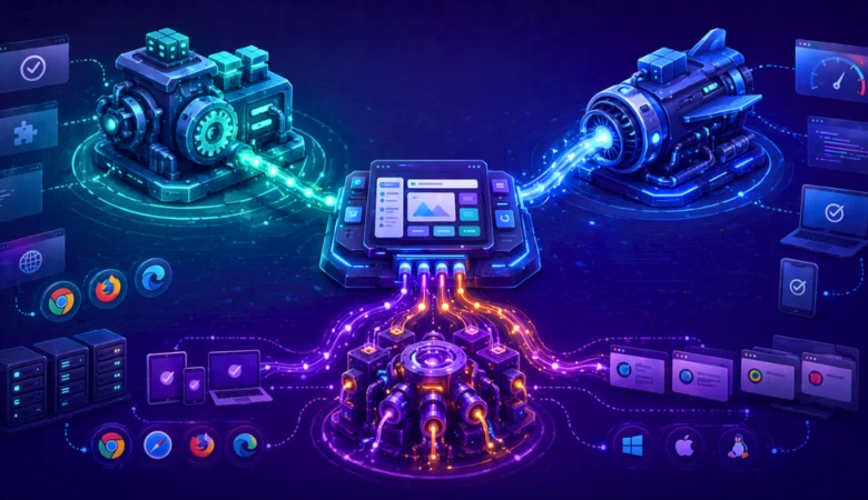 Conceptual illustration showing three different automation framework styles as unique engines powering a central application, representing the choice between Selenium, Cypress, and Playwright.
