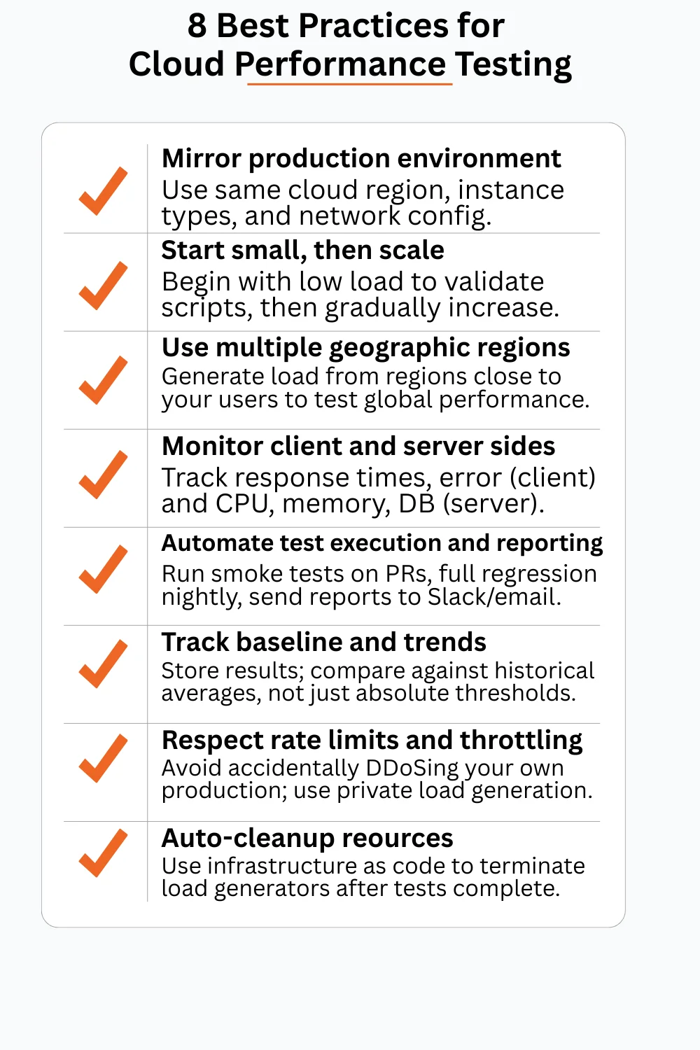 Eight best practices for cloud performance testing: mirror production, start small then scale, use multiple regions, monitor client and server, automate execution, track baselines, respect rate limits, auto‑cleanup resources.