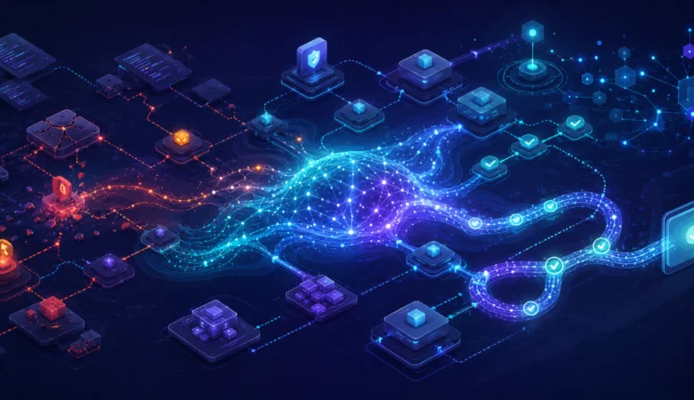 Futuristic illustration showing an adaptive AI intelligence layer optimizing and transforming software testing workflows through machine learning.
