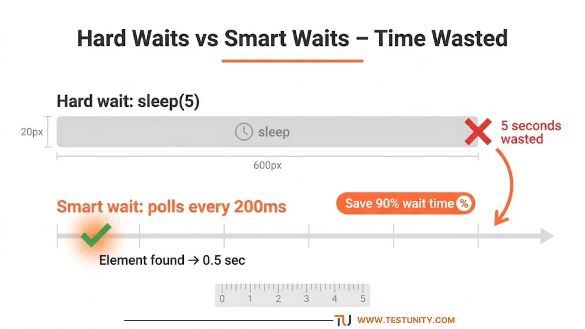Before/after timeline: Hard wait (sleep(5)) – 5 second block with red X. Smart wait (polls every 200ms) – element found after 0.5 seconds with green check. Orange arrow points from hard to smart. Orange badge: ‘Save 90% wait time’.