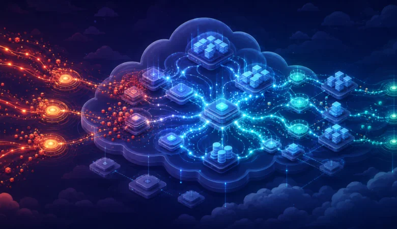Conceptual illustration of cloud performance testing showing elastic cloud infrastructure dynamically scaling and balancing under heavy load conditions.