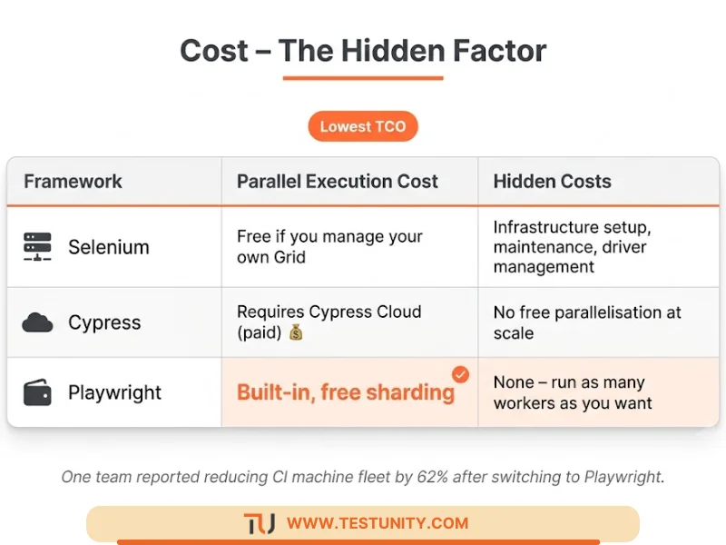 Cost comparison: Selenium – free Grid but infrastructure costs. Cypress – paid Cloud for parallel execution. Playwright – built‑in free parallel execution (orange highlight). Teams report 62% CI cost reduction after switching to Playwright. Orange ‘Lowest TCO’ badge.
