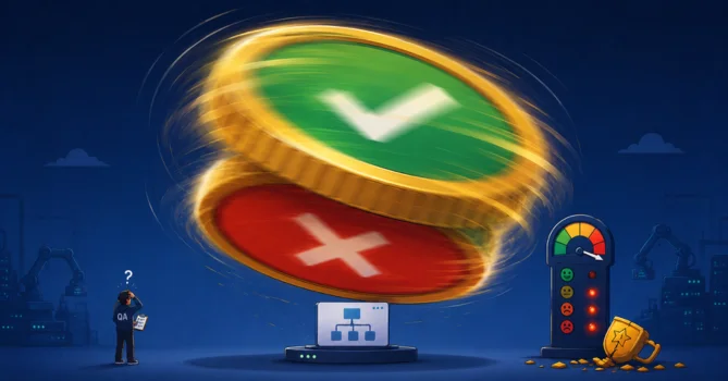 Humorous illustration of a giant coin deciding whether an automated test passes or fails, representing flaky tests and unreliable test results.