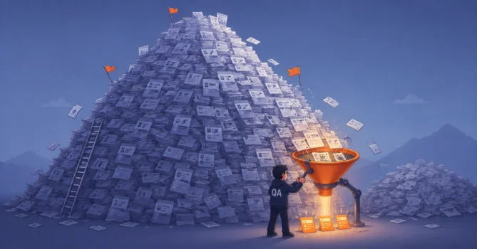 Humorous illustration of hundreds of test cases waiting in a queue while only a few high-priority test cases move through a fast-track selection process.