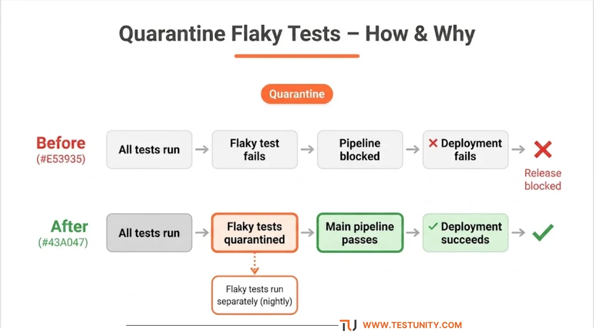 Before/after pipeline diagram. Before: All tests run → Flaky test fails → Pipeline blocked → Release blocked (red X). After: All tests run → Flaky tests quarantined (orange) → Main pipeline passes → Deployment succeeds (green check). Quarantined tests run separately nightly (orange dotted arrow). Orange ‘Quarantine’ badge.